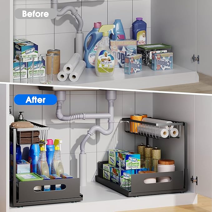 2 Pack Under Sink Organizer, 2 Tier Pull-Out Cabinet Storage Shelf, Rust-Resistant Metal Organizer for Kitchen Bathroom Laundry Room, No Tools Installation, Black