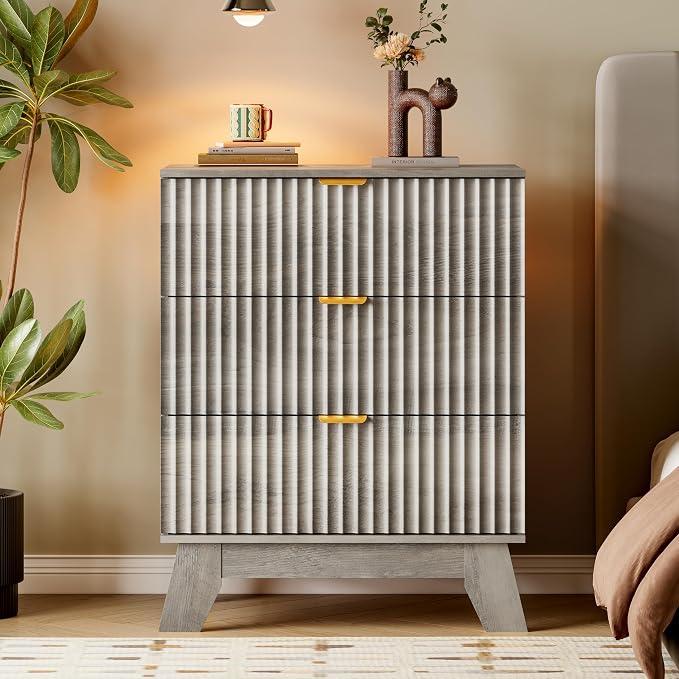 BORNOON Fluted 3 Drawer Dresser, 30.3" Tall Compact Modern Boho Chest of Drawers, Wooden Storage Cabinet for Bedroom, Living Room, Entryway, Curved Profile Design