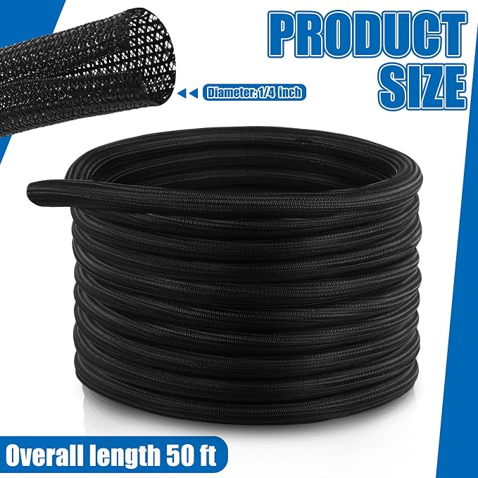 Pangda 50ft Split Wire Loom Tubing Flame Retardant Braided Cable Sleeve Split High Temperature Cable Conduit Auto Wire Conduit for Industrial Electrical Tinsel Automotive Marine(50 Ft, 1/4")