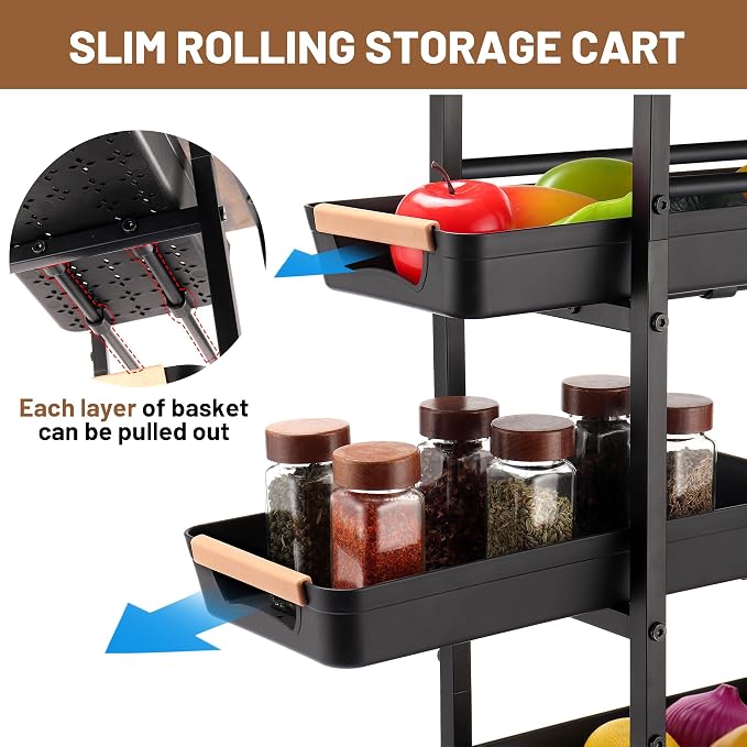 Slim Storage Cart, 5-Tier Narrow Rolling Kitchen Laundry Room Cart with Drawer and Wheels, Metal Utility Cart Slide Out Organizer for Small Spaces (Black)
