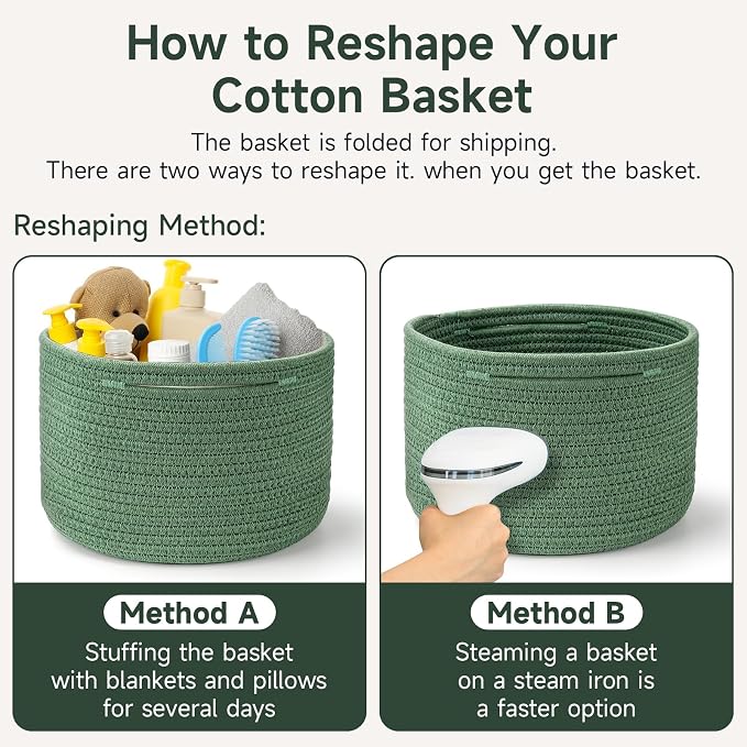 Small Rope Baskets for Storage, Baskets for Gifts Empty, Cute Round Woven Basket, Decorative Shelf Baskets 9.82×9.82×7.1", Cotton Toy Basket Storage Bins for Organizer 3 Packs Green