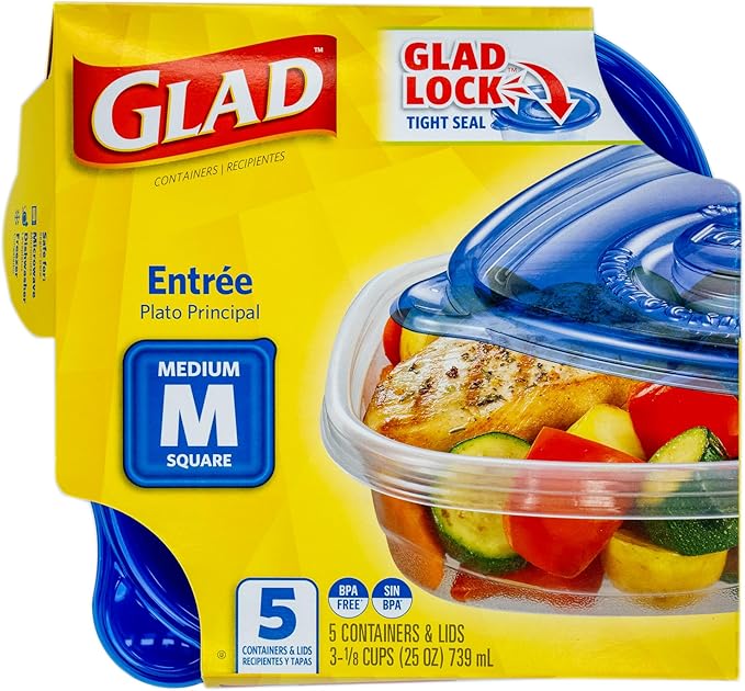 Glad GladWare Entree Food Storage Containers with Lids, Medium Square BPA Free Plastic for Meal Prep and Lunches, Lock Tight Seal, Microwave and Dishwasher Safe, 25 Oz, 5 Count - 2 Pack