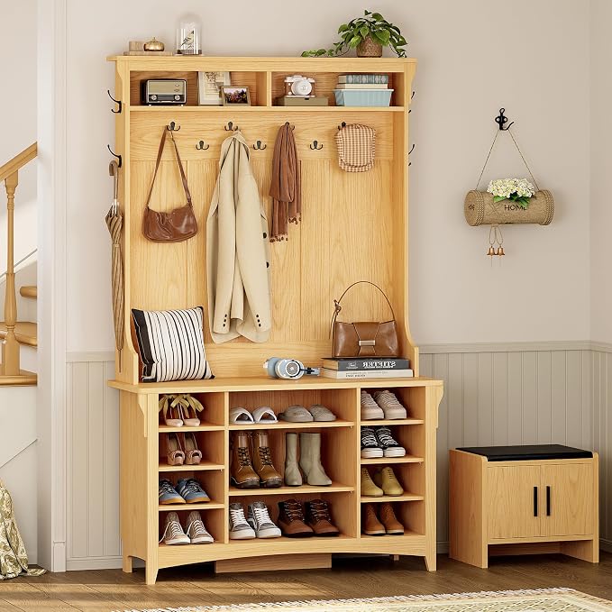 IRONCK 80" H 47" W Large Hall Tree with Bench and Shoe Storage, 6-in-1 Entryway Bench with Coat Rack, Adjustable Shelf, Hanging Hooks, 11 Shoe Cubbies, 2-Tier Top Storage for Entryway and Bedroom, Oak