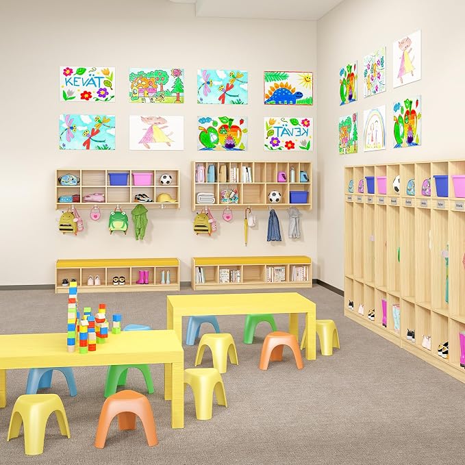 Wall-Mounted Cubby Storage Organizer 10-Section with Shoe Bench Set, Wooden Wall Cubbies with Hooks and Removable PU Cushion for Home, School, Nursery, and Kindergarten