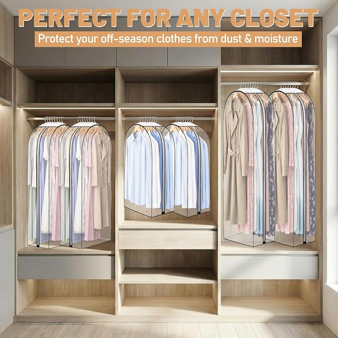 6 Pack Garment Bags for Hanging Clothes, 40"/50"/60" Suit Bags for Open Closet, 10" Gusseted Waterproof Dustproof Clothes Storage Closet, Dress, Coat, Travel(Transparent Style,Clear)