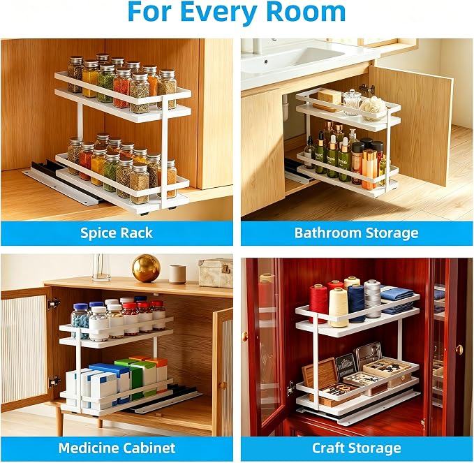 Pull Out Spice Rack 4Pcs Metal & Wood Seasoning Organizer White | No-Drill Install | Full-Extension Silent Glide | Each Tier Holds 10–12 Standard Spice Bottles | Rustproof, Wipe-Clean Surface