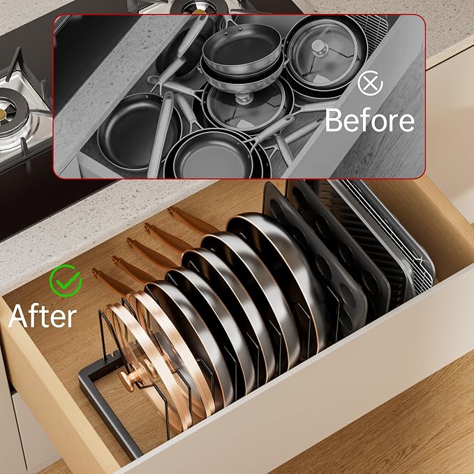 ORDORA Expandable Pot Lid Organizer, Solid Metal Under‑Cabinet Pots and Pan Storage Rack 14.1''‑24.8'', Fits Bakeware & Cookie Sheets with 12 Adjustable Dividers