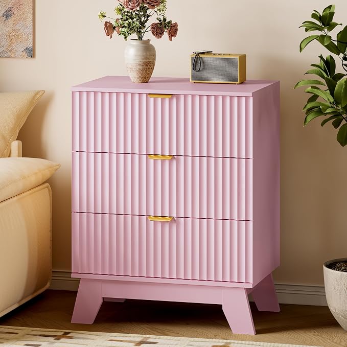 BORNOON Fluted 3 Drawer Dresser, 30.3" Tall Compact Modern Boho Chest of Drawers, Wooden Storage Cabinet for Bedroom, Living Room, Entryway, Curved Profile Design