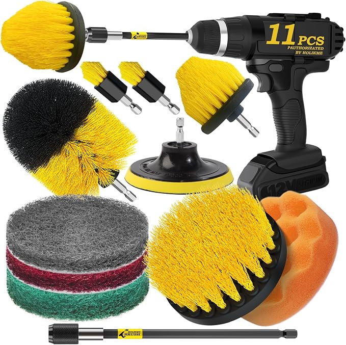 Holikme 11 Piece Drill Brush Attachment Set Scouring Pads Power Scrubber Brush Scrub Pads for Bathroom Surfaces, Floor, Tub, Shower, Grout, Tile, Corners,Cleaning Brush | Buffing Sponges, Nylon Grout Tools, Tile Bathtub Shower Floors Kitchen Car Interi...