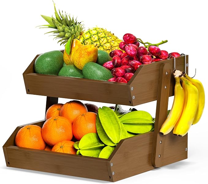 Gmtsl Bamboo Fruit Basket for Kitchen, Fruit Holder for Kitchen Countertop | 2 Tier Fruit bowl for Kitchen Counter, Fruit Stand, Vegetable Basket Storage, Produce Organizer, Bread Snack Display(WALNUT)