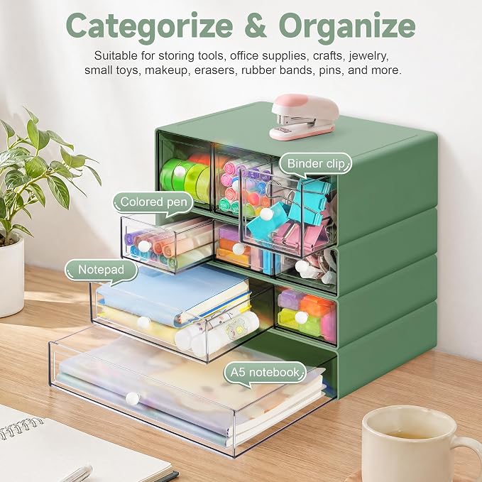 Desk Organizer with 9 Drawers, 4 Tiers Stackable Storage Drawers, Desktop Storage Box with Clear Drawers for Stationery, Makeup, Jewelry, Office and Craft Supplies (Green)