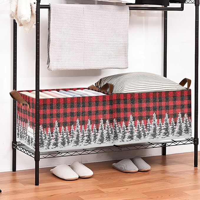 Xmas Tree Red and Black Buffalo Plaid Storage Basket Foldable Cube Storage Bins with Handles&Label Waterproof Organizer Box Bin Large Rectangle Decorative Baskets for Shelves Home Room Laundry-2 Pack