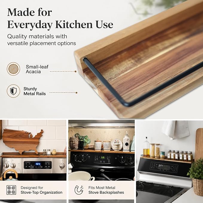 2-Piece 30" Magnetic Stove Top Shelf – Acacia Wood Spice Rack Organizer, No-Drill Over Stove Shelf for Kitchen, Strong Magnets, Heat Resistant, Easy Clean, Fits Gas/Electric Stoves