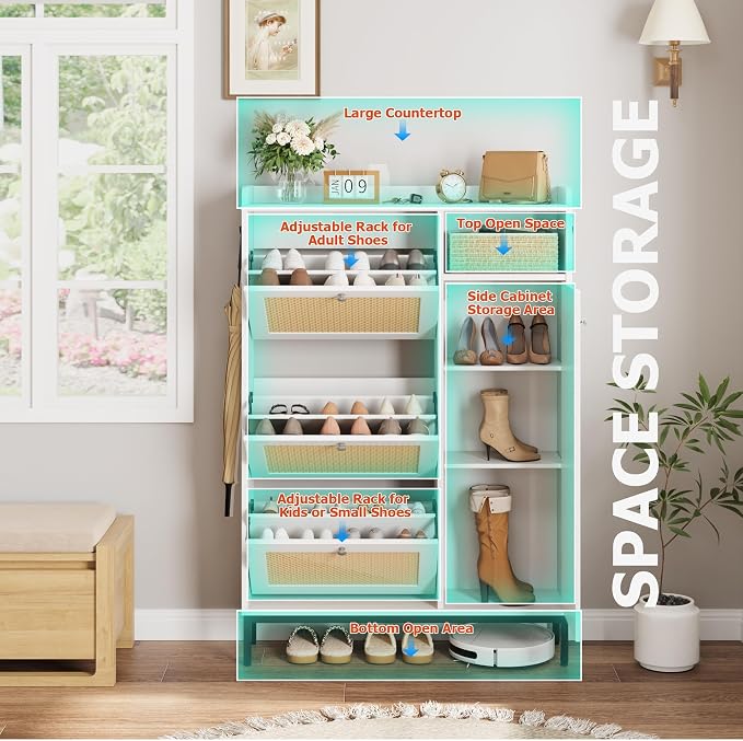 GarveeHome Shoe Cabinet Rattan with 3 Flip Drawers and 4-Tier Shoe Storage Cabinet, Freestanding Shoe Organizer with Adjustable Shelves for Entryway, Closet, Hallway (White)