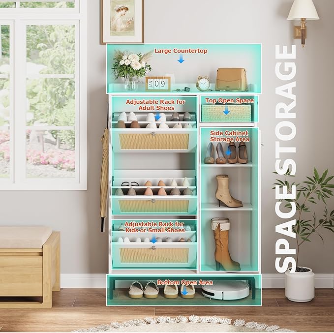 Garvee Shoe Cabinet with 3 Flip Drawers and 4-Tier Shoe Storage Cabinet, Freestanding Shoe Organizer with Adjustable Shelf and Rattan Doors for Entryway, Closet, Hallway