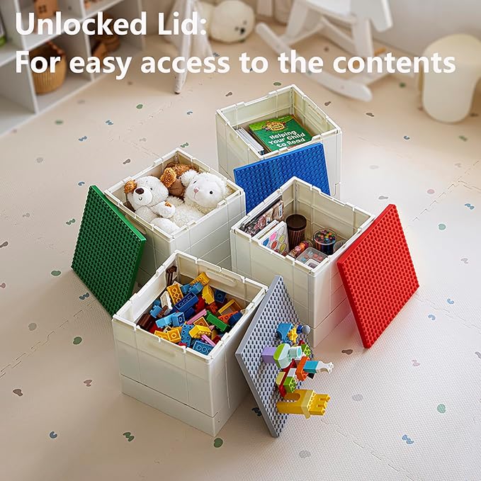 SHIMOYAMA Plastic Foldable Kid Storage Box, 25L Storage Toy Bins with Building Base for Duplo Bricks, 26Qt. Toy Chest for Duplo Blocks, White