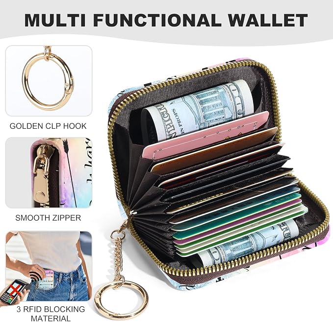 Credit Card Holder for Women,Small Rfid Wallet with Keychain Zipper,Cute PU Leather Card Case Wallet，Accordion Credit Card Wallets Gift,Stay positive