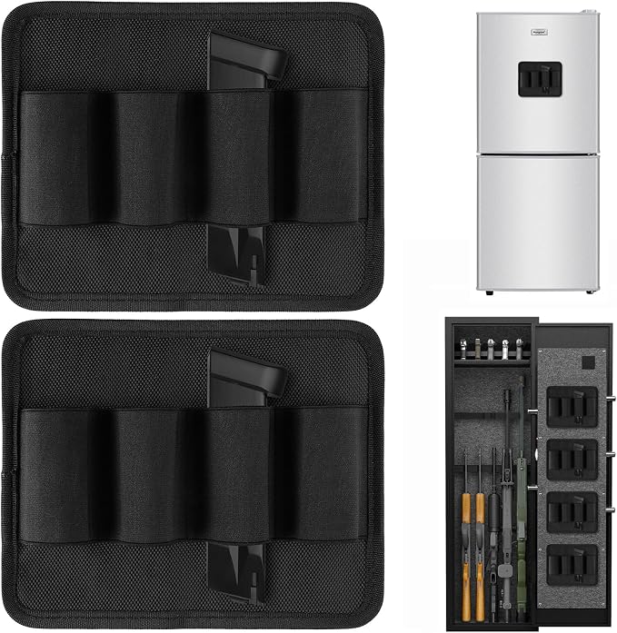 4-Row Pistol Magazine Pouch with Strong Magnet, Two-Way Mount Mag Pouch | Elastic Gun Magazine Holster for Most Mag Size, Durable Oxford for Gun Safe Door Organizer, Daily Storage or Outside Carry
