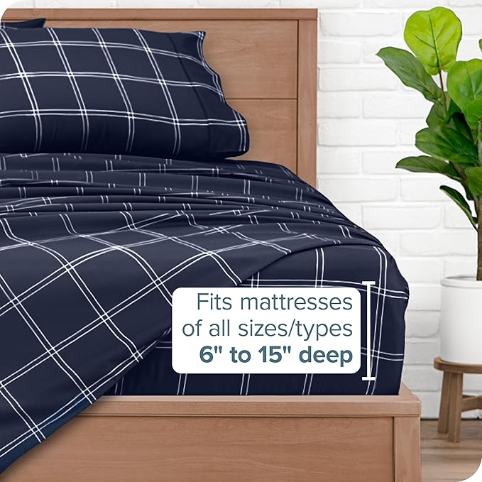 Bare Home California King Sheet Set - Luxury 1800 Ultra- Soft Double Brushed Microfiber - Deep Pockets - Easy Fit - 4 Piece Bedding Sheet Set (Cal King, Modern Plaid - Midnight/White)