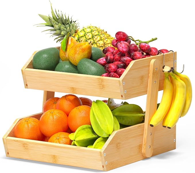 Gmtsl Bamboo Fruit Basket for Kitchen, Fruit Holder for Kitchen Countertop | 2 Tier Fruit bowl for Kitchen Counter, Fruit Stand, Vegetable Basket Storage, Produce Organizer, Bread Snack Display(BAMBOO)