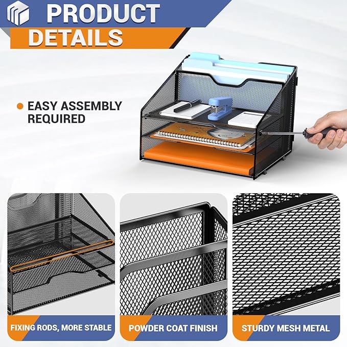 GAWERK Letter Tray Organizer, Mesh Desk File Organizer with 3 Paper Trays and 2 Vertical Upright Section (Purple)