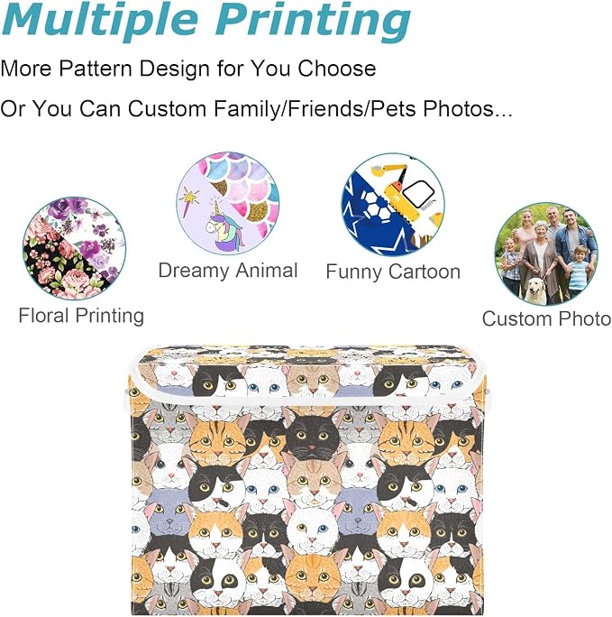 CaTaKu Large Fabric Storage Bins With Lids, Animal Cats Head Storage Boxes With Handles for Organizing Clothes, Collapsible Storage Cube Bins Baskets for Shelves