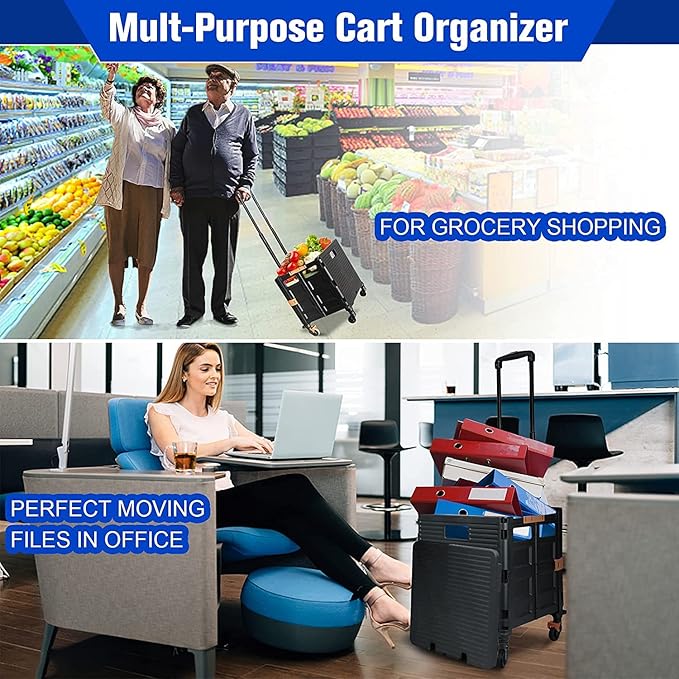Quick Utility Cart Folding Portable Rolling Crate Handcart with Durable Heavy Duty Plastic Telescoping Handle Collapsible 4 Rotate Wheels for Travel Shopping Moving Luggage Office Use (Black&red lid)