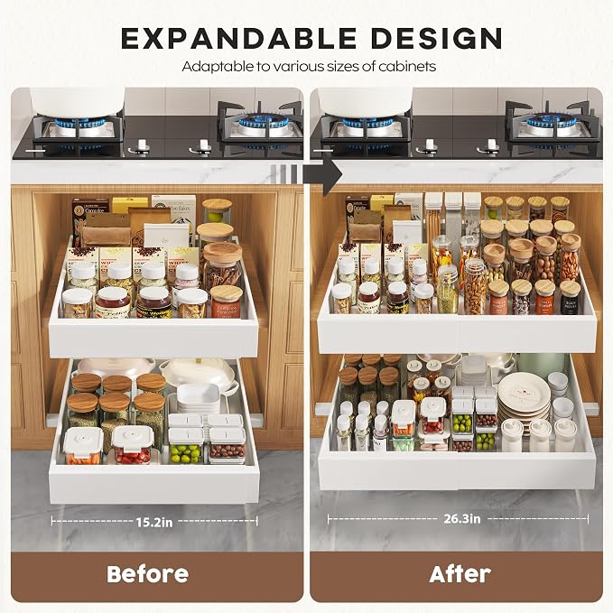 Seinloes 2 Pack Pull Out Cabinet Organizers 21" Deep With Raising Pad for Framed Cabinets, Expandable Width (15.2"-26.3") Slide Out Drawers Upgrade 3 Slide Rails, Roll Out Shelves Adhesive, White