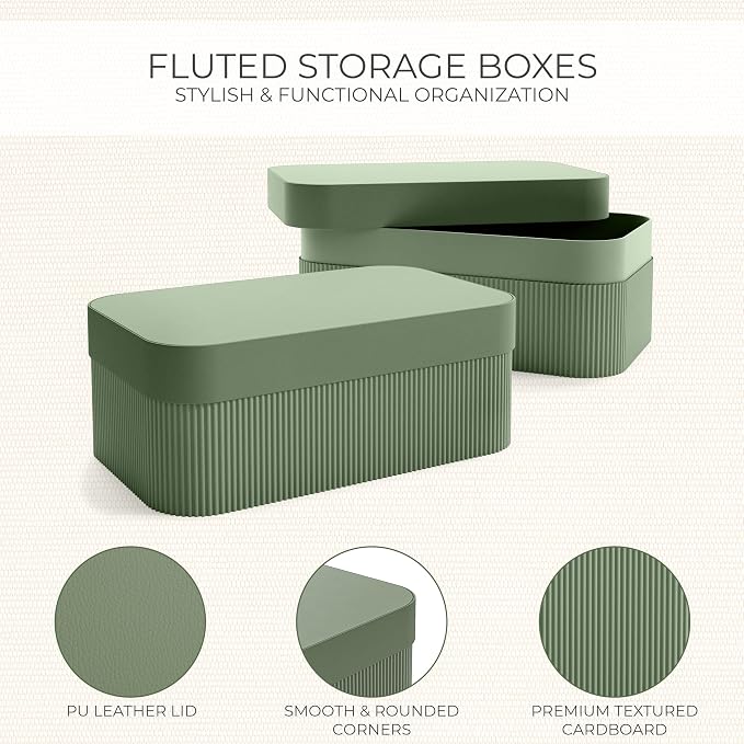 ZICOTO Decorative Storage Boxes with Lids - Set of 2 Beautiful Fluted Photo Organizer Bins for Your Home Bookshelf Decor to Safely Store Your Documents, Memory Box Items and Other Keepsakes in Style