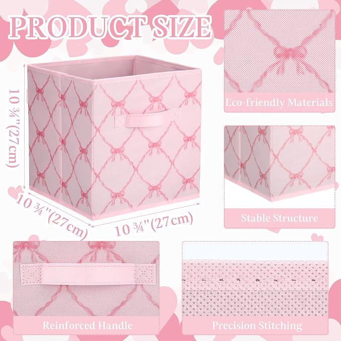 Geelin 6 Pcs Light Pink Bow Cube Storage Bins 11 Inch Storage Basket with Handle, Preppy Girls Organizer Basket, Collapsible Fabric Box for Classroom Bedrooms Office Home Decoration Gift