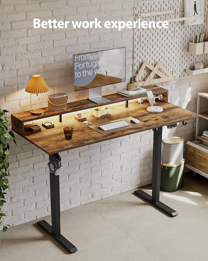 Agilestic 55 x 24 Inch Electric Standing Desk with Shelf, Height Adjustable Desk with Power Outlets & LED, Sit Stand Up Table with Monitor Stand, Computer Workstation, Rustic Brown