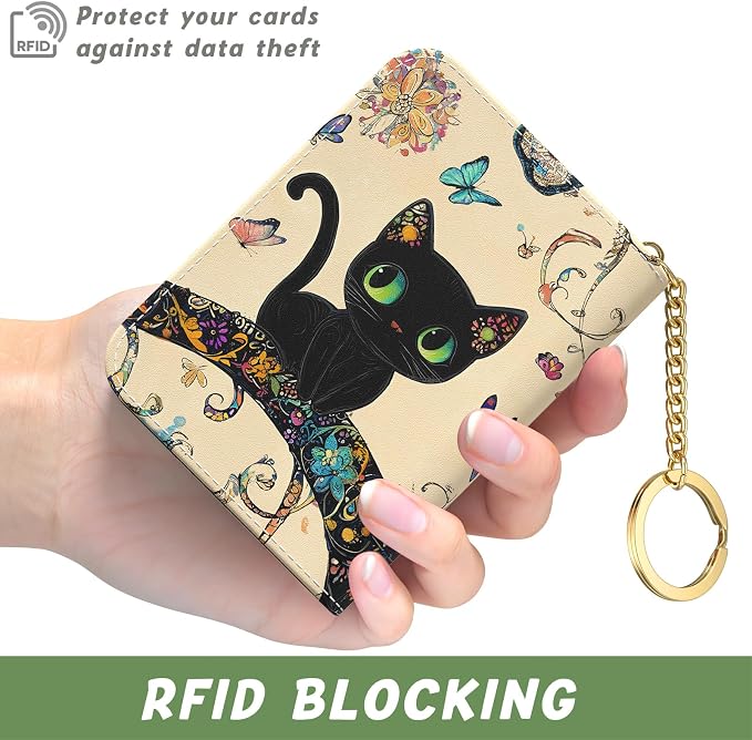 Aiawoxc Credit Card Holder, Small RFID Wallet Slim Leather Card Organizer Case with Zipper and Keychain, Cute Cat