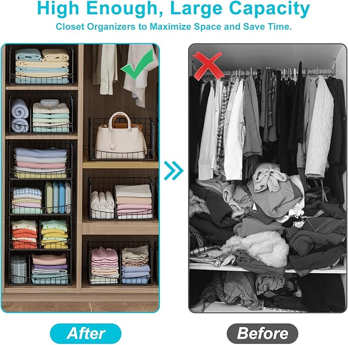 Hongtamoya 4-Tier Closet Organizers and Storage Shelves with Divider, Stackable Closet Shelf Organizer Basket Bins, Clothing Sweaters Storage Container for Wardrobe Cupboard, Black
