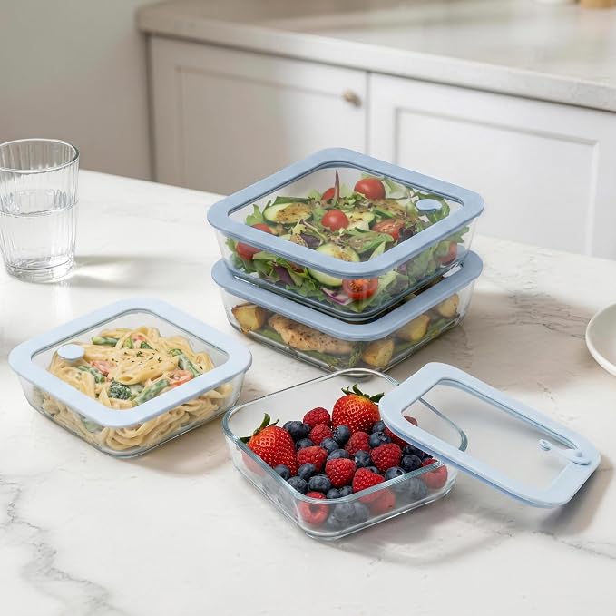 Urban Green Glass Food Container Set with Silicone Glass Lid, Square Shape, 4 Pack, Airtight, LeakProof, 100% Plastic Free, Meal Prep Food Storage Containers, Blue Color