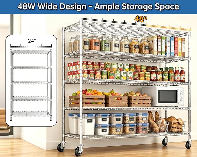 48" W Garage Shelving with Wheels Storage Shelves 5 Tier Wire Shelving Adjustable Metal Storage Shelves for Garage, Basement, Warehouse, Commercial, Industrial, 48" W x 81" H x 24" D 3Pack