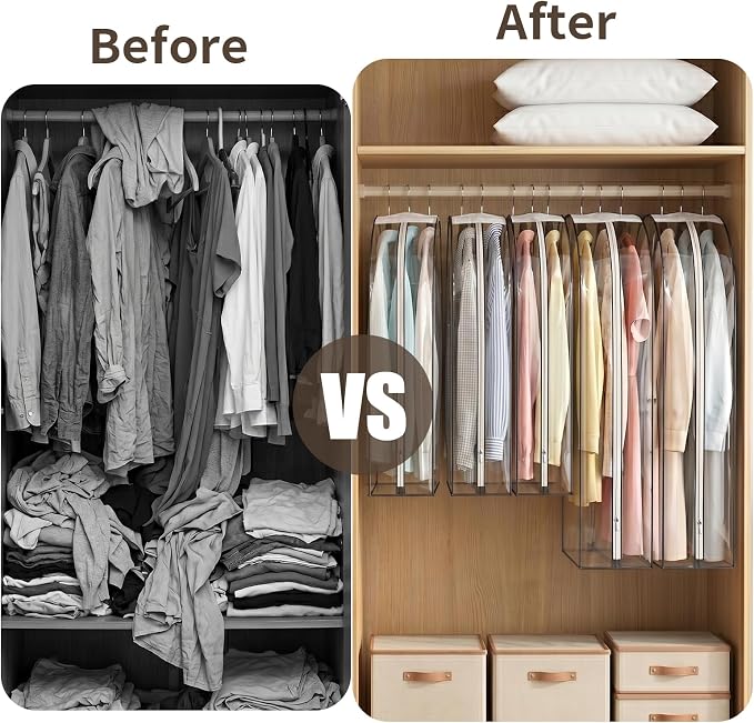 6Pack Garment Bags for Hanging Clothes - Clear Garment Bags with Zipper, Suit Bags for Closet Storage, Clear Hanging Clothes Protector Covers for Coats, Shirts, Dresses (40 & 50 Inch)