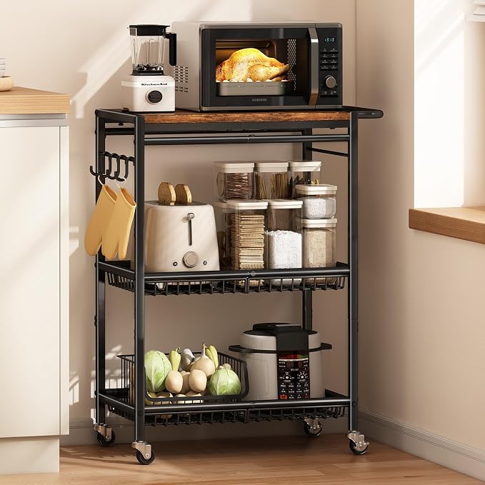 Microwave Kitchen Rolling Cart, 35.43" H Microwave Table Stand with Lockable Wheels, Utility Cart with Adjustable Shelf for Small Kitchen Island, Coffee Bar Table, Appliance Storage, Bakers Rack
