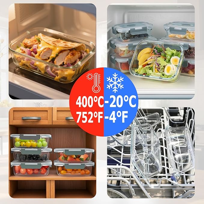 3 Packs 36oz Glass Food Storage Containers with Lids, Stackable Borosilicate Glass Bowls Meal Prep Lunch Containers Microwave Oven Freezer Safe (Gray-3)