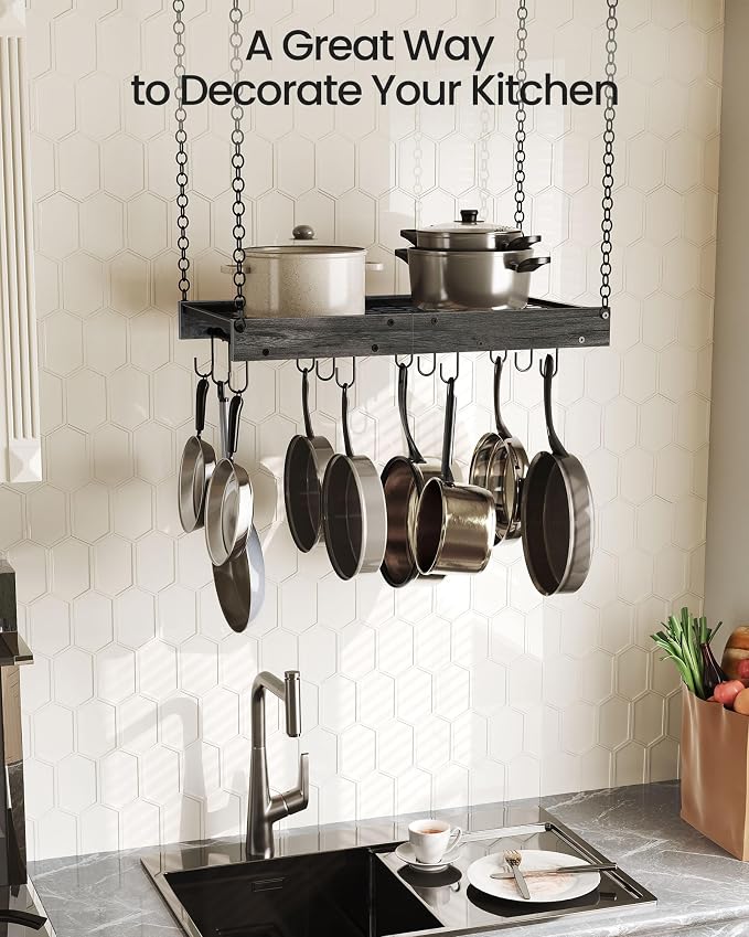CHOEZON Hanging Pot Rack, Ceiling Mounted Pot Hanger, Vintage Pot Rack for Kitchen, Pot Storage Organizer, with 12 S-Shaped Hooks, for Cookware Storage, Space Saving, Charcoal Black and Black TPR01BC