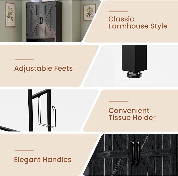 23.6" Over The Toilet Storage Cabinet with Barn Door,Bathroom Organizers and Storage with Adjustable Shelves, Farmhouse Over Toilet Organizer for Bathroom,Restroom,Laundry,Black
