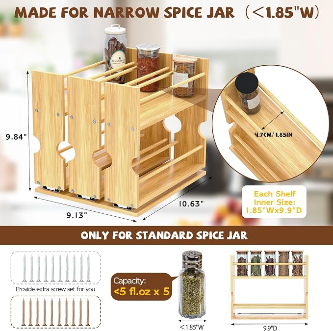 Jolitac Bamboo Pull Out Spice Rack for Cabinet, Slide Out Drawers | 1.85" Wide Drawers, Space-Saving Vertical Organization, Easy to Install, 9.1" Wide, 3 Drawers, 2-Tier