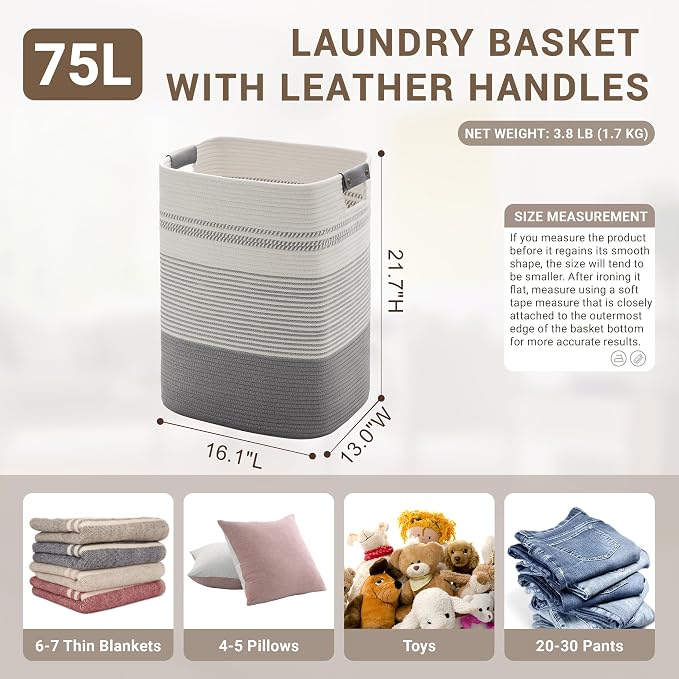75L Tall Woven Laundry Basket Hamper with Leather Handles,Grey | 16"x13"x22", collapsible wicker hamper, storage for dirty clothes, toys, blankets, gifts, living room, bedroom, bathroom