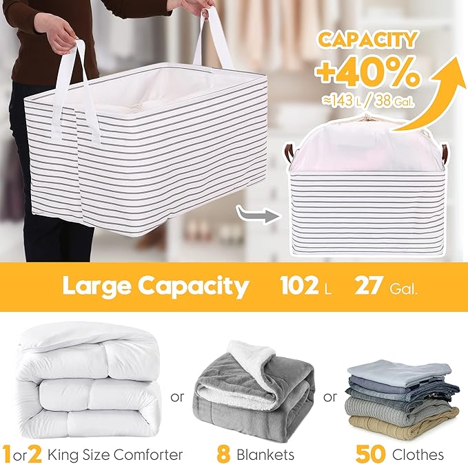 Hinwo 102L XXL Storage Bins, 2-Pack Closet Organizers and Storage, Foldable Clothes Storage Baskets with Handles, Containers for Clothing, Blanket, Comforters, Toys, Bedding (Navy Stripe)