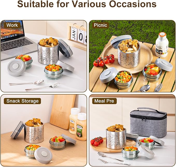 Lille Home Stainless Steel Thermal Lunch Box Set with Lunch Bag and Cultery | 22 Oz Vacuum Insulated Lunch Bento Box, to Keep Food Warm/Cool, 2 Small Food Container for Snack, Fruits and Sauces (Gray)
