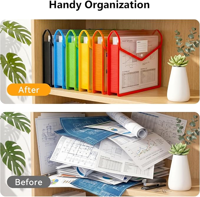 6 Pack Plastic Expanding File Folder, Colorful File Folder Organizer | Folders for Documents with Snap Closure, Transparent Accordion File Pouch, No Dividers, Large Capacity, Fit Letter/A4 Size