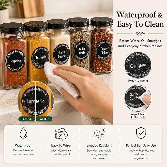 665 Spice Labels Book with A-Z Index, Black Round Pantry Stickers
