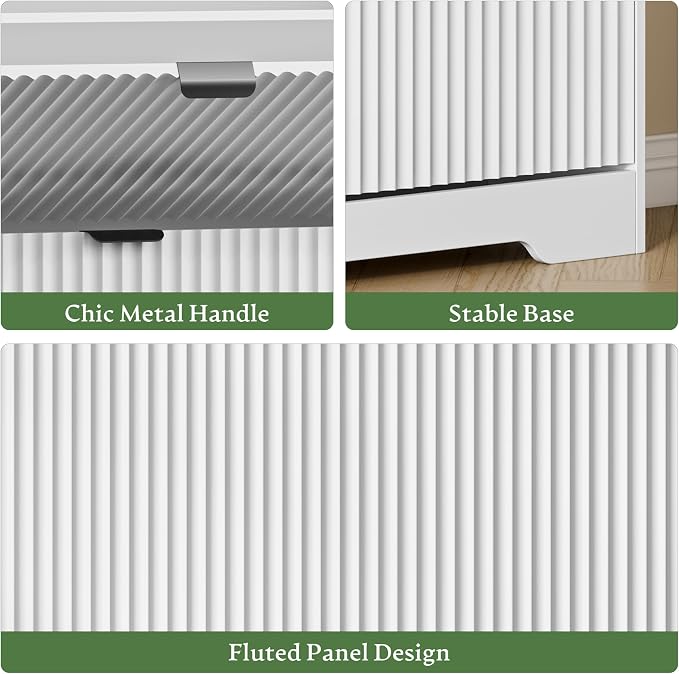 Xixini Shoe Storage Cabinet for Entryway with 4 Flip Drawers, Hidden Slim Wood Shoe Organizer with Modern Fluted Panel, Freestanding Narrow Shoe Rack for Front Door Entrance, Hallway, Foyer, White