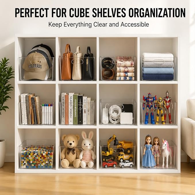 MOONEDGE 6-Pack 12x12x7 Extra Large Clear Plastic Storage Bins with Handles | Cube PET Organizer Square Boxes for Pantry,Closet,Kitchen,Bathroom,Laundry,Classroom,Playroom Organization
