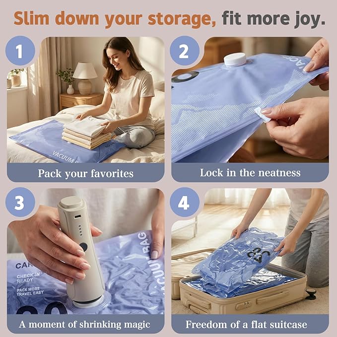 QcoQce Wireless Vacuum Storage Bags with Pump, 17-Pack (3 L/6 M/6 S/2 Bonus),Space Saving Bags for Travel, Moving & Home Organization,Compression Packing Cubes for Suitcase, Closet & Cruise Must Haves