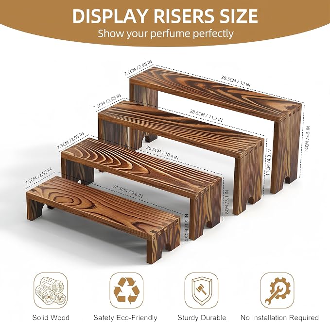 Large 4 Set wood tone Wooden Tiered Display Stands 4 Tier Stackable Pine Wood Display Risers, Suitable for Vendor Events, Cupcake Stands, cake stand Wooden Dessert Table Sets, Vendor Booth Displays,Cosmetic & Perfume Display Tools, Kitchen Spice Storag...